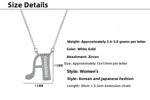 Detail view of the letter A necklace pendant with dimensions and product specifications