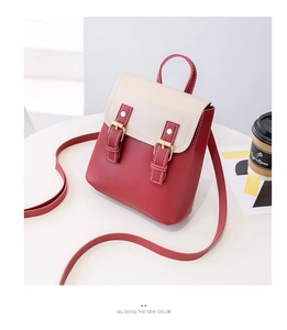 Vue détaillée du petit sac à dos rétro bicolore rouge et blanc avec boucles dorées