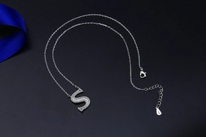 Detail of S925 sterling silver S letter necklace with cubic zirconia and lobster clasp