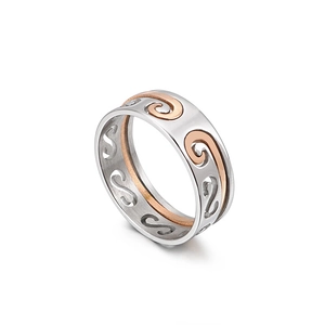 Polished silver and rose gold stainless steel band ring with spiral cutout design