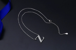 Detail view of S925 silver letter Z pendant necklace with lobster clasp and cubic zirconia