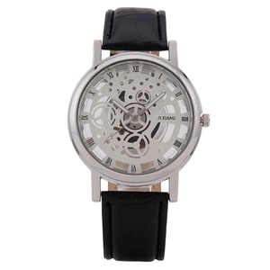 Men Skeleton Quartz Watch Leather Strap Roman Numerals Mechanical Style Analog Dial Business Casual Fashion Wristwatch