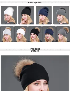 Dettaglio del cappello in lana lavorato a maglia con pompon in vera pelliccia.