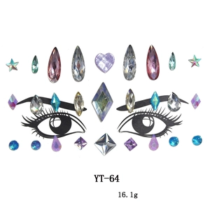 Detailed view of YT-64 multicolor acrylic face gems in heart and star shapes for makeup