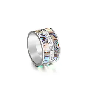 Stainless Steel Wide Band Ring With Abalone Shell Inlay And Single Row Zircon Punk Style Fashion Unisex Jewelry