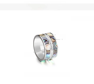 Detail of 13mm stainless steel punk ring with colorful inlay and a row of zircon