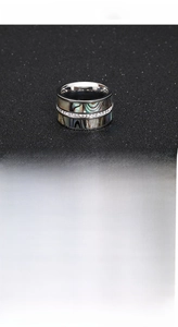 Detailed view of punk titanium steel ring featuring colorful abalone shell and rhinestones