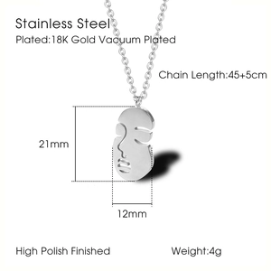 Detail view of 18K gold plated abstract face pendant with dimensions and specifications