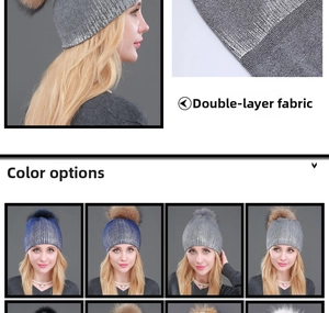 Detail of double-layer knit beanie showing metallic texture and faux fur pom pom detail