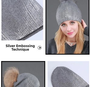Detail showing grey knitted beanie with silver foiling process and large fur pompom