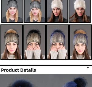 Detail of metallic knit beanie featuring a large fluffy faux fur pompom for winter