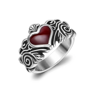 Silver stainless steel ring with red heart-shaped enamel and intricate vine engravings