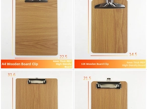 Detailed view of A4 and A5 MDF clipboards with silver butterfly clips and measurements