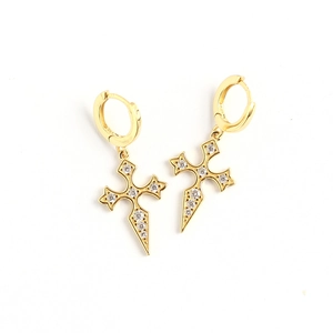 S925 sterling silver cross hoop earrings with sparkling diamonds in baroque gold style