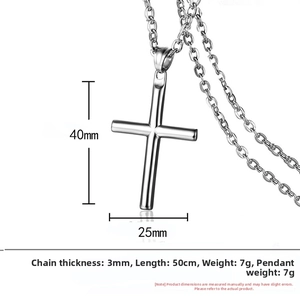 Polished stainless steel cylinder cross necklace dimensions with 50cm chain and 40mm pendant