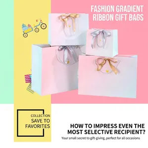 Detail view of four sizes gradient gift bags with silk bow handles and colorful prints