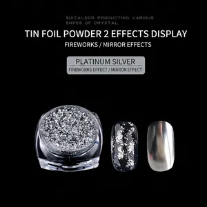 Poudre chrome ongle argent platine avec effets miroir lisse et étincelles de feu d'artifice