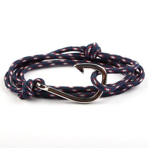 Nautical Fish Hook Bracelet Alloy Braided Rope Multi-Wrap Maritime Jewelry Adjustable Wristband For Men Women Casual