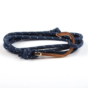 Blue nautical nautical multi-strand rope bracelet with a golden fish hook metal clasp