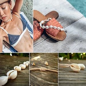 Handmade cowrie shell necklace and anklet set with bohemian woven knots for beach wear