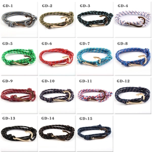 Grid display of braided nylon bracelets with golden fish hook clasps in 15 vibrant colors