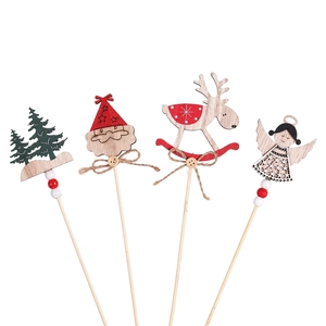 Set of 4 wooden Christmas picks featuring Santa Claus and tree with red beads and twine