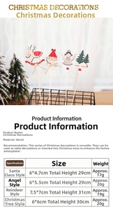 Detailed size chart for wooden Christmas table picks including Santa and reindeer models