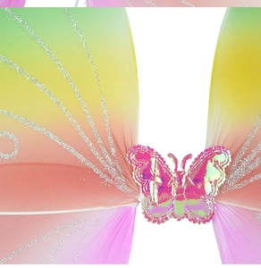 Close-up of rainbow gradient butterfly wings with silver glitter and laser center detail