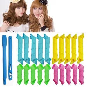 DIY spiral hair curler set with multi-color magic rollers and blue styling hook tool