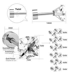 Detailed size chart showing 3-8mm square cubic zirconia earrings with screw backs