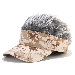 Digital desert camouflage baseball cap with novelty grey curly hair wig on top