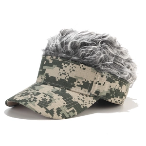 Close-up of camouflage baseball cap with silver grey synthetic hair wig top detail