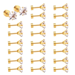 Macro shot of 26-piece square gold cubic zirconia stud earrings with flat disc backings
