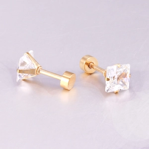 Detail view of gold square-cut zircon stud earrings with secure flat screw back closures