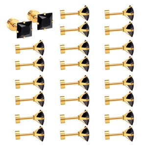 Detailed set of 10 pairs of black square zircon stud earrings with gold screw back closures