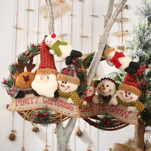 Christmas Wreath Rattan Ring Hanging Decoration Santa Snowman Reindeer Plush Dolls Rustic Festive Home Door Wall Decor Ornament
