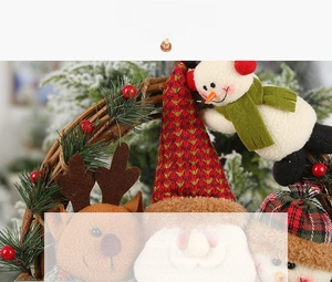 Detail of Christmas wreath with plush snowman, elk and Santa Claus figures on vine ring