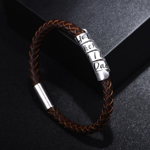 Personalized brown braided leather bracelet for men with custom engraved silver beads