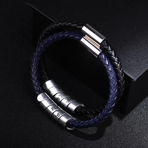 Men's braided leather bracelets in black and navy blue with magnetic silver metal clasps