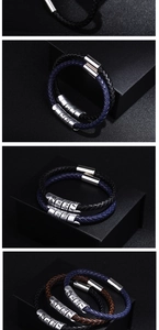 Close-up of braided leather bracelets with engraved silver sunshine and hope pendants