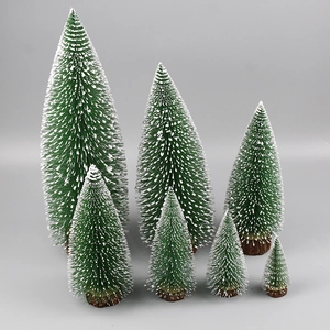 Detail of mini frosted sisal Christmas trees with wood bases in various sizes