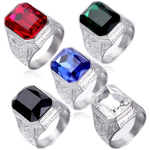 Men's titanium steel rings with multicolor rectangular gemstones and vintage engraving