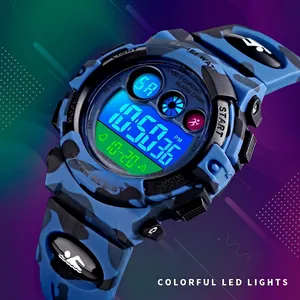 Kids digital sports watch in blue camouflage with colorful LED backlight and 30M waterproof