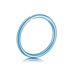 Detailed view of blue stainless steel hoop ring with polished finish and open design