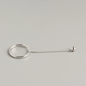 Minimalist S925 sterling silver chain ring featuring a polished ball tassel drop pendant