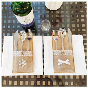 Burlap Christmas Cutlery Holder Lace Knife Fork Sleeve With Snowflake Bow Decoration For Holiday Dining Table Decor