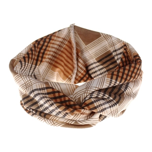 Detailed view of brown and beige Scottish plaid knit infinity scarf with seamless design