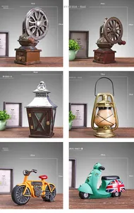 Collection of retro resin ornaments including coffee grinder and vintage bike models