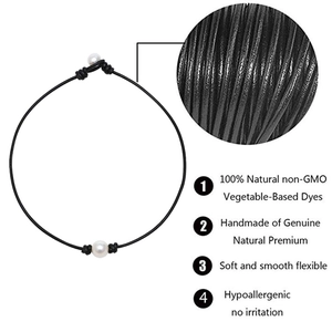Handmade genuine leather necklace with a single natural freshwater pearl on black cord