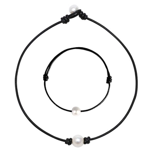 Three-piece handmade natural freshwater pearl jewelry set with black leather cords